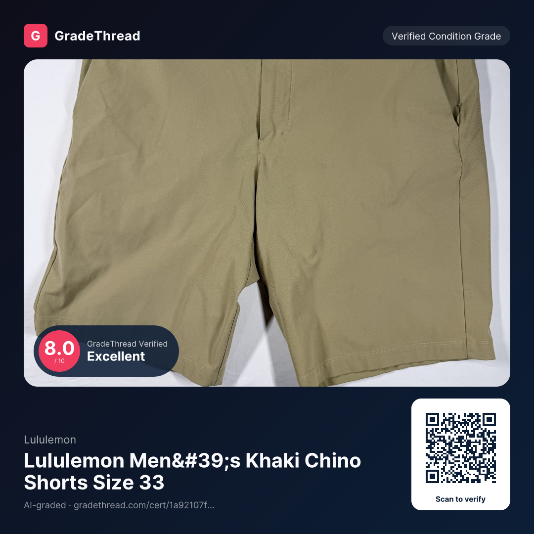 Graded photo — Lululemon Men's Khaki Chino Shorts Size 33, condition grade 8.0