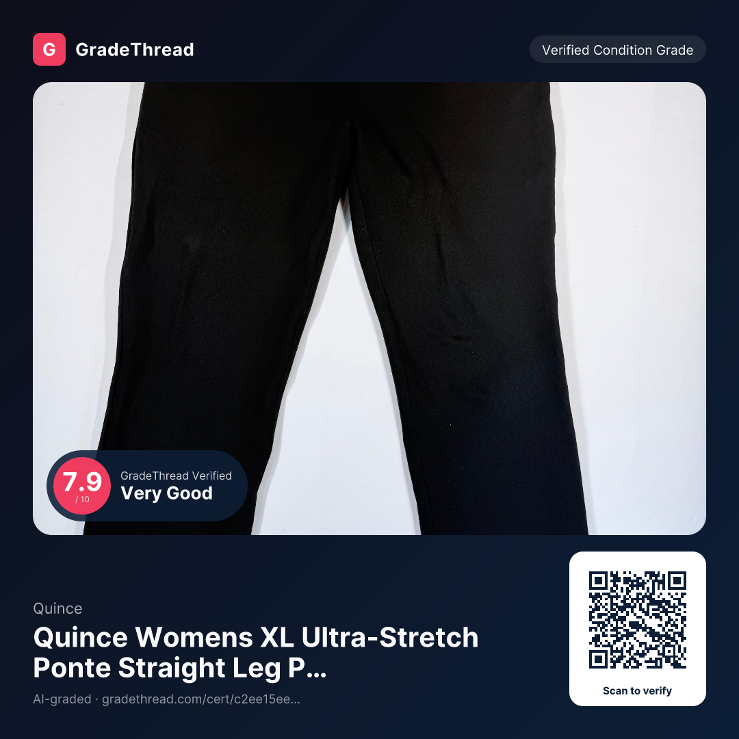 Graded photo — Quince Womens XL Ultra-Stretch Ponte Straight Leg Pants Black Trousers, condition grade 7.9